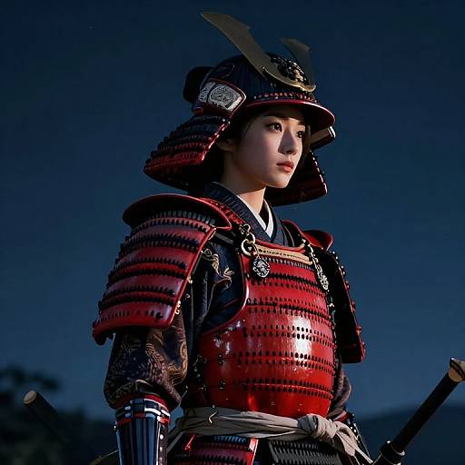 Photograph of a young Japanese samurai in detailed red and black armor with a feathered helmet, illuminated against a dark blue evening sky.