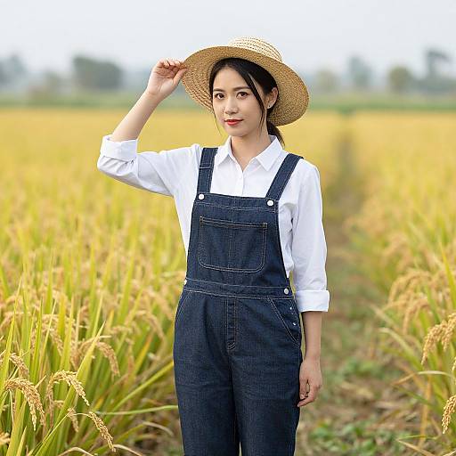 Photograph of an Asian woman with fair skin, black hair, wearing a white shirt, dark denim overalls, and straw hat, standing in a