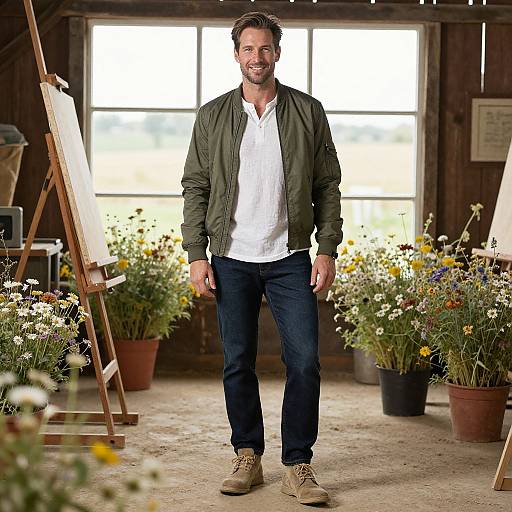 Photograph of a smiling man with short brown hair, green jacket, white shirt, dark jeans, and beige boots, standing in a rustic flower studio