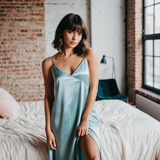 Woman in Satin Nightgown in Bedroom