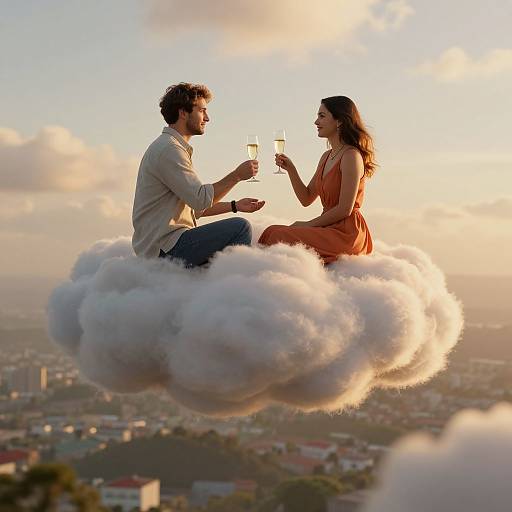 Couple Floating on Cloud with Champagne