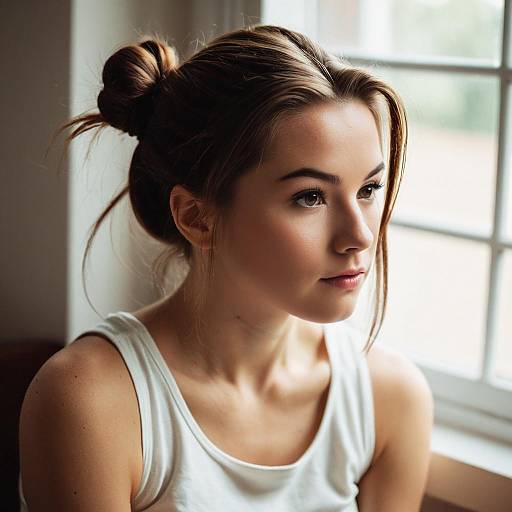 Photograph of a young woman with light brown hair in a messy bun, wearing a white tank top, sitting near a sunlit window. Soft light