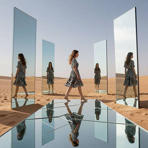 Photograph of a woman with curly hair, wearing a blue floral dress, walking through a mirrored desert landscape with reflective glass panels and a shiny, mirrored