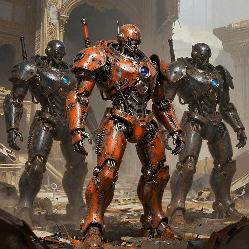 Ornate Mechanical Sentinels in Ruins