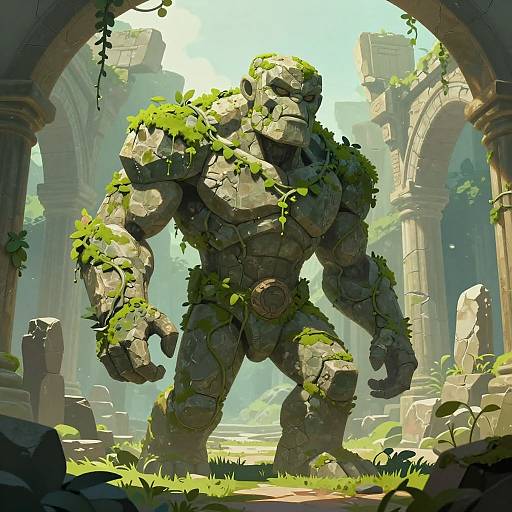 Mystical Stone Golem in Ancient Ruins