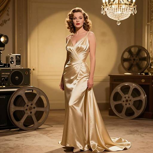Photograph of a curly-haired woman in a shimmering gold satin gown, standing on a vintage film set with film reels, a projector, and a