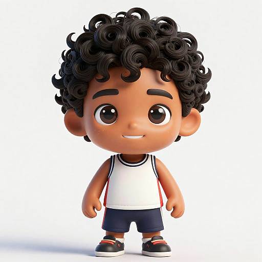 Chibi-style digital illustration of a cute, curly-haired, brown-skinned boy with large eyes, wearing a white tank top, blue shorts, and