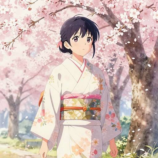 Anime Character in Cherry Blossom Park