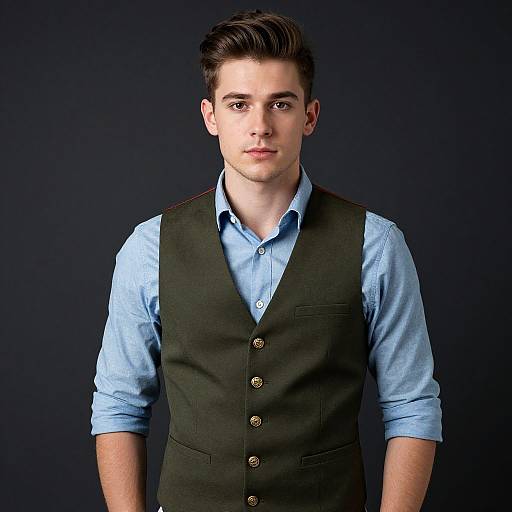 Photograph of a young Caucasian man with fair skin, dark brown hair, wearing a light blue shirt and black vest, against a dark blue background.