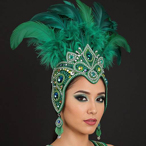 Photograph of a woman with olive skin, dark eyes, wearing a vibrant green feathered Mardi Gras headpiece, adorned with blue and green