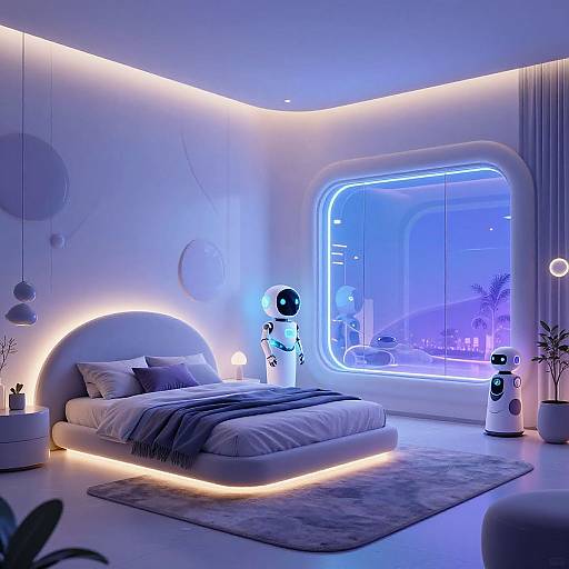 Modern futuristic bedroom with neon lighting, white walls, glowing bed frame, three robot-like lamp stands, large blue-lit window, and minimalist decor.