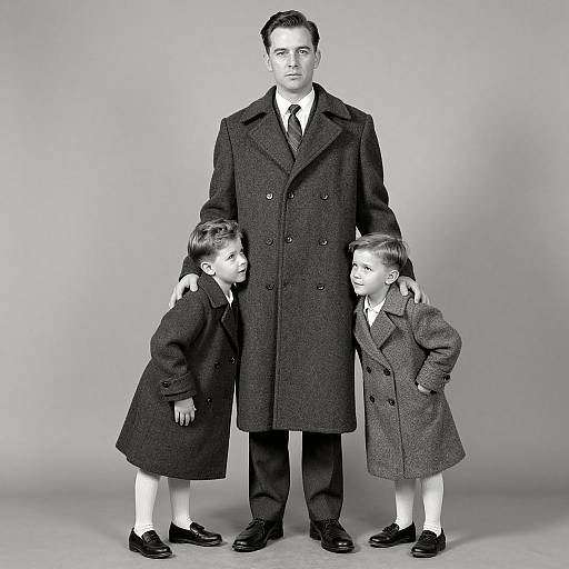 Black-and-white photograph of a tall man in a long overcoat, standing between two young girls in matching coats, against a plain background. The children