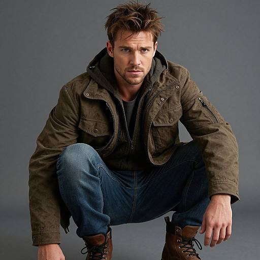 Photograph of a rugged, brown-haired man with spiky hair, crouching. He wears a green jacket, black shirt, blue jeans,