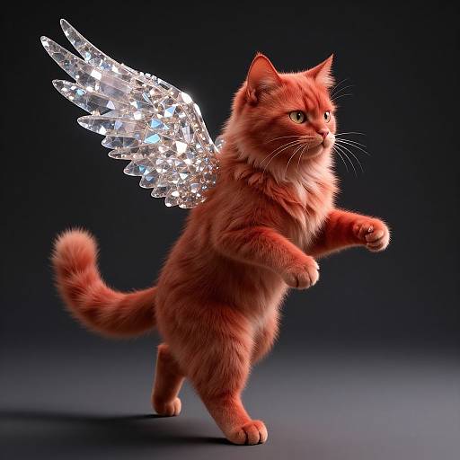 Photorealistic CGI of a fluffy orange cat with sparkling crystal angel wings standing on hind legs against a dark gradient background.