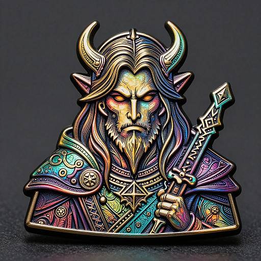 Digital artwork of a fierce, horned, bearded warrior with glowing eyes, colorful armor, and holding a detailed, glowing sword. Dark background.