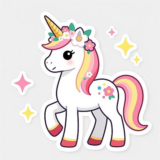 Cute digital drawing of a white unicorn with a yellow horn, pink and yellow mane, pink flowers on head, and flower cutie mark, surrounded