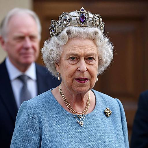 Photograph of an elderly white woman with curly white hair, wearing a silver tiara, blue dress, pearl necklace, and earrings, standing in front
