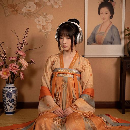 Photograph of a pale-skinned woman with black hair in a traditional orange and gold kimono, wearing silver headphones, seated in a Japanese-style room