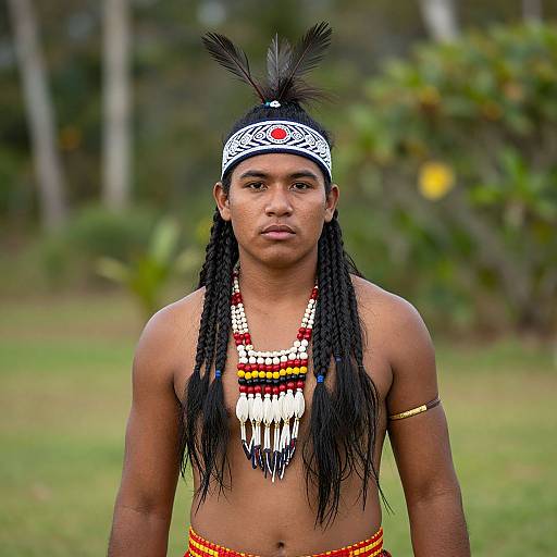 Photograph of a young, muscular indigenous man with dark skin, black braids, feathered headband, red and white beaded necklace, and