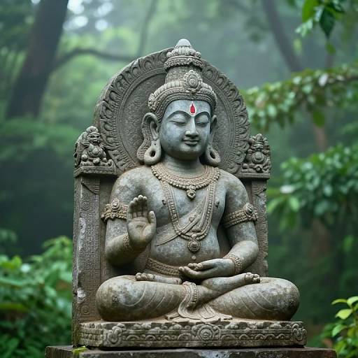 Photograph of a detailed, gray stone Buddha statue with a red forehead mark, adorned with jewelry, seated in a lotus position, set against a