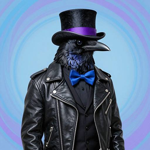 Photograph of a black crow wearing a top hat with a purple band, blue bowtie, and black leather jacket against a blue spiral background.