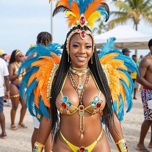 Photograph of a smiling Black woman in a vibrant orange and blue feathered headdress, adorned with jewels, wearing a gold and yellow bikini, standing