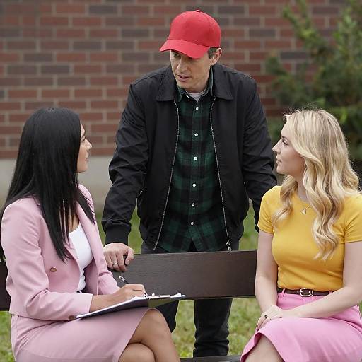 Man Talking to Two Women on Bench