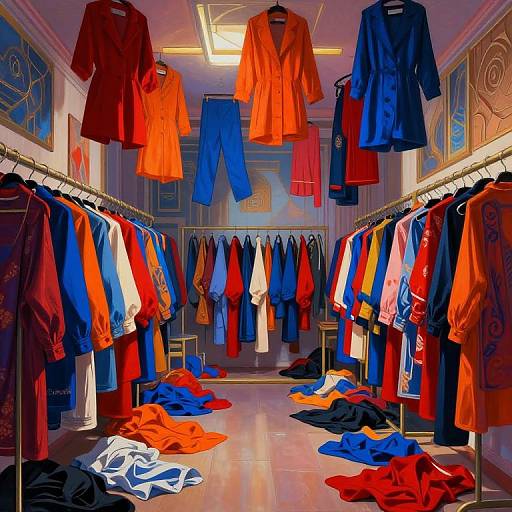 Photograph of a brightly lit, spacious clothing store with vibrant red, blue, and orange garments hanging and scattered on racks and floor.