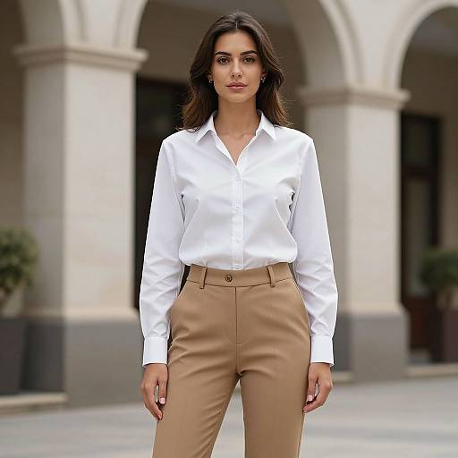 Photograph of a confident woman with long dark hair, wearing a white button-up shirt and tan high-waist pants, standing in front of a