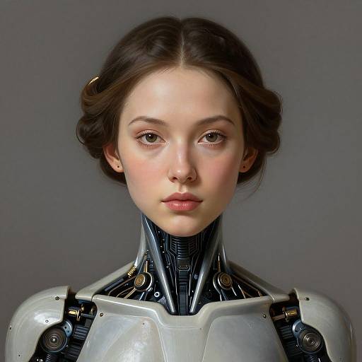 CGI portrait of a young woman with fair skin, brown hair, and cybernetic neck and shoulders, set against a gray background.