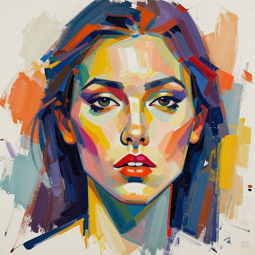 Vibrant digital painting of a woman with long dark hair, striking red lips, and expressive eyes, using bold, colorful brushstrokes.