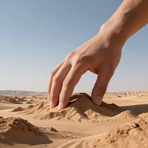 Photograph of a light-skinned hand with well-manicured nails gently touching a sandy dune under a clear blue sky.