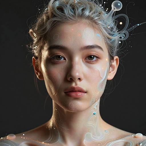 Digital portrait of a young woman with light skin and curly silver hair, surrounded by glowing bubbles and abstract light patterns on a black background.