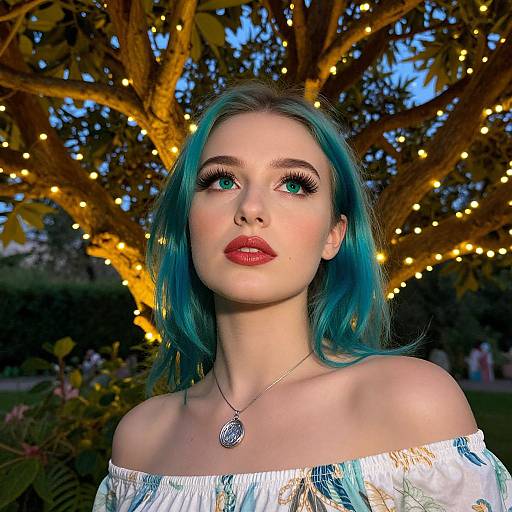 Photograph of a fair-skinned woman with teal hair, red lipstick, and long lashes, wearing an off-shoulder white top, standing under