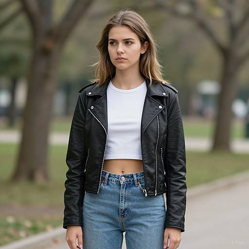 Photograph of a young woman with light brown hair, wearing a black leather jacket, white crop top, and blue jeans, standing in a blurred park