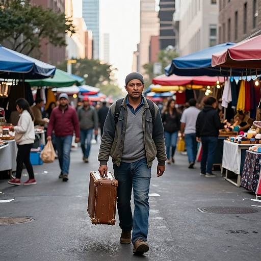 Photograph of a man in a grey beanie, green jacket, and blue jeans, carrying a brown suitcase, walking through a bustling outdoor market street