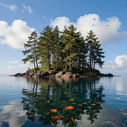 Serene Rocky Island Forest Reflection