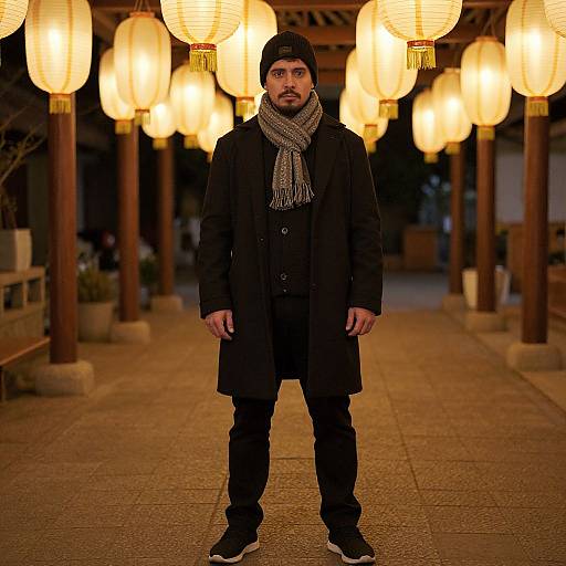 Photograph of a bearded man in a black coat, beanie, scarf, and jeans, standing under glowing Japanese lanterns in a traditional wooden