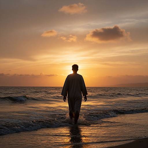 Silhouetted man walking on beach at sunset, backlit by vibrant orange and yellow sky, with gentle waves and scattered clouds. Photograph.