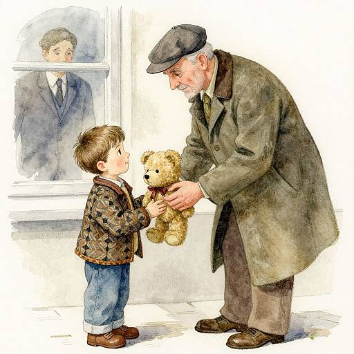 Watercolor Grandfather and Boy Sharing Teddy