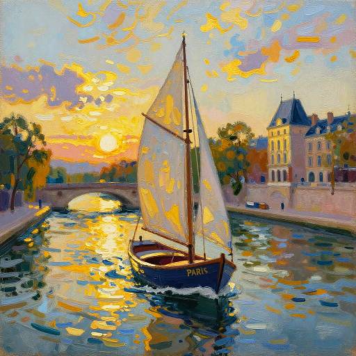 Impressionist-style painting of a sailboat with illuminated sails on a sunlit canal, reflecting vibrant orange and yellow hues, with a castle-like building