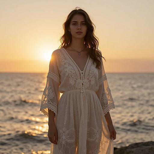 Photograph of a woman with wavy brown hair in a white lace dress, standing on a rocky beach at sunset, ocean waves in background, sun
