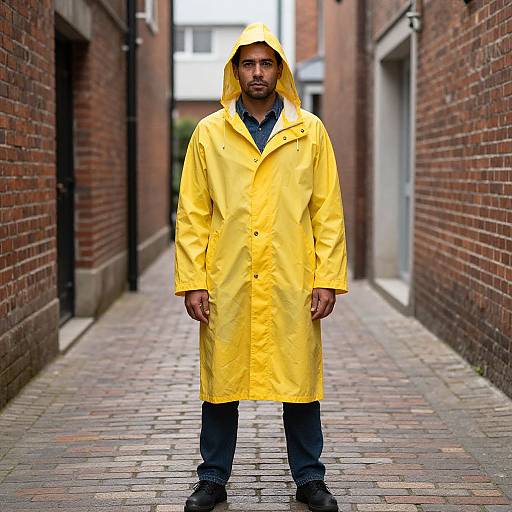 Photograph of a serious Black man in a bright yellow raincoat, standing in a narrow, brick alleyway with cobblestone ground.