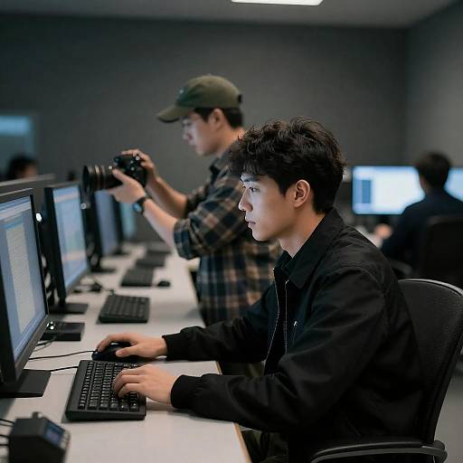 Two Men in Dimly Lit Control Room