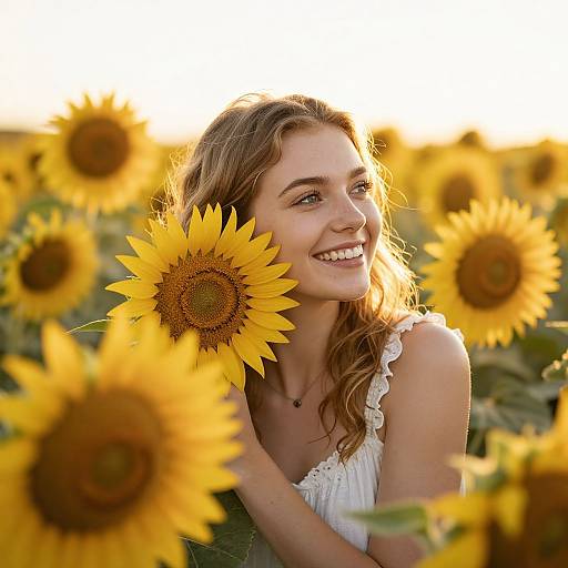 Photograph of a smiling young woman with wavy brown hair, holding a sunflower, standing in a sunflower field at sunset.