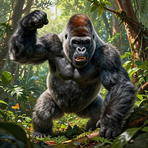 Digital artwork of a muscular, black-furred gorilla with a reddish-brown head, flexing its right arm in a dense, sunlit