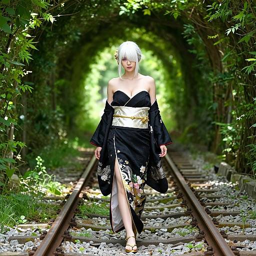 Photograph of a pale-skinned woman with white hair in a black kimono with floral patterns, gold obi, walking down a sunlit,