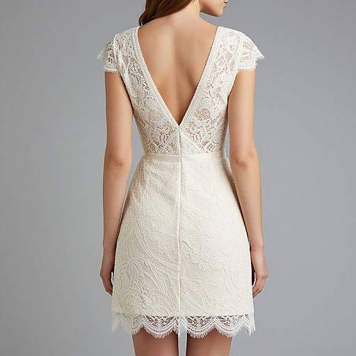 Photograph of a woman from behind, wearing a white, short-sleeved, lace, V-neck dress with a deep back and scalloped
