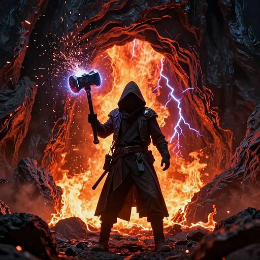 Dark-robed figure with glowing hammer and sparks, standing before blazing fire and lightning, in a rocky, fiery cave. Digital art.