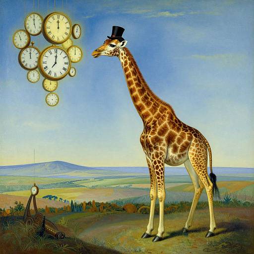 Photorealistic digital art of a giraffe wearing a black top hat, standing on a grassy plain, with oversized clocks floating above, against a